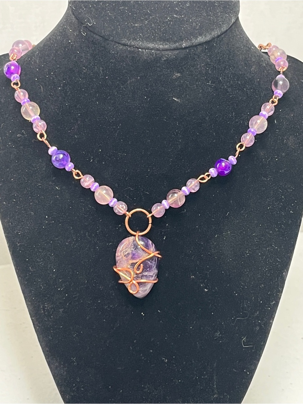 Copper Wire Wrapped Amethyst tear drop Necklace Earrings amethyst beads - Picture 2 of 4